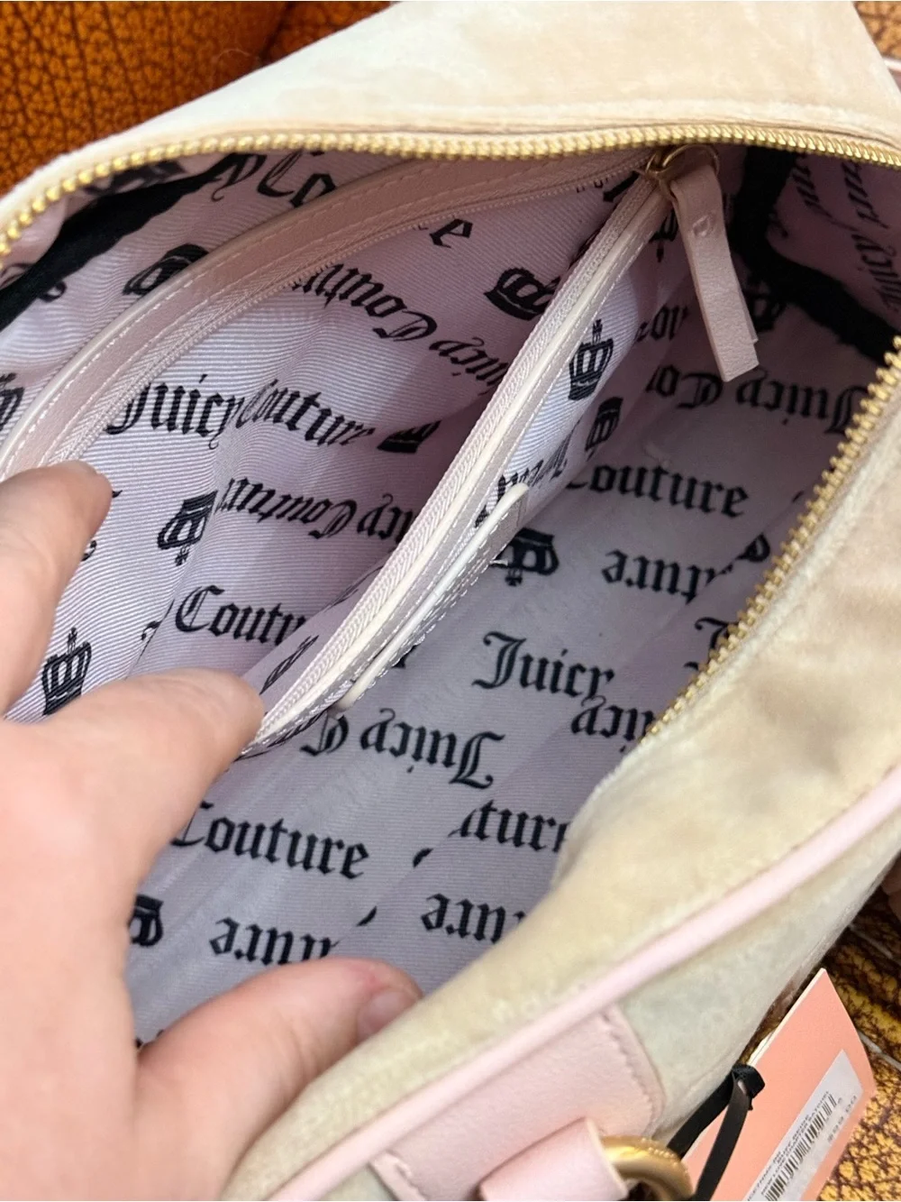 Juicy Couture Blush Pink Suede and Leather Satchel with Pom-Pom Charm